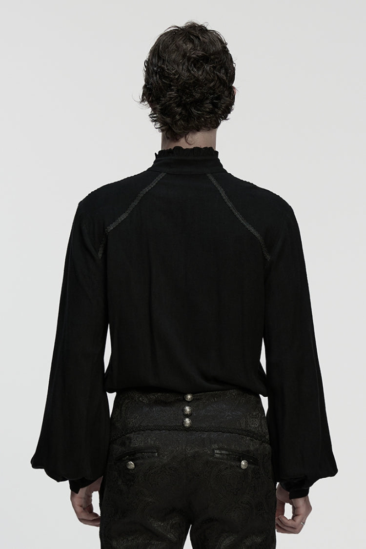 Black Stand Collar Long Lantern Sleeves Floral Jacquard Men's Gothic Blouse