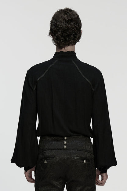 Black Stand Collar Long Lantern Sleeves Floral Jacquard Men's Gothic Blouse