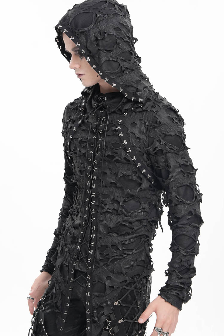 Black Studs Long Sleeves Lace-Up Ripped Men's Gothic Hooded Coat