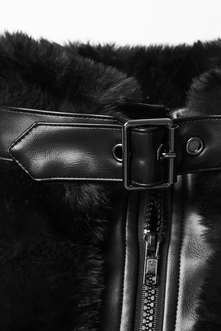 Black Stand Collar Long Sleeves Buckle Straps Faux Fur Women's Punk Short Cloak