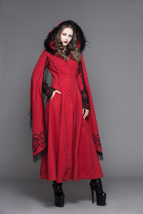 Red Winter Hand Embroidered Shawl Double Sided Long Womens Gothic Coat