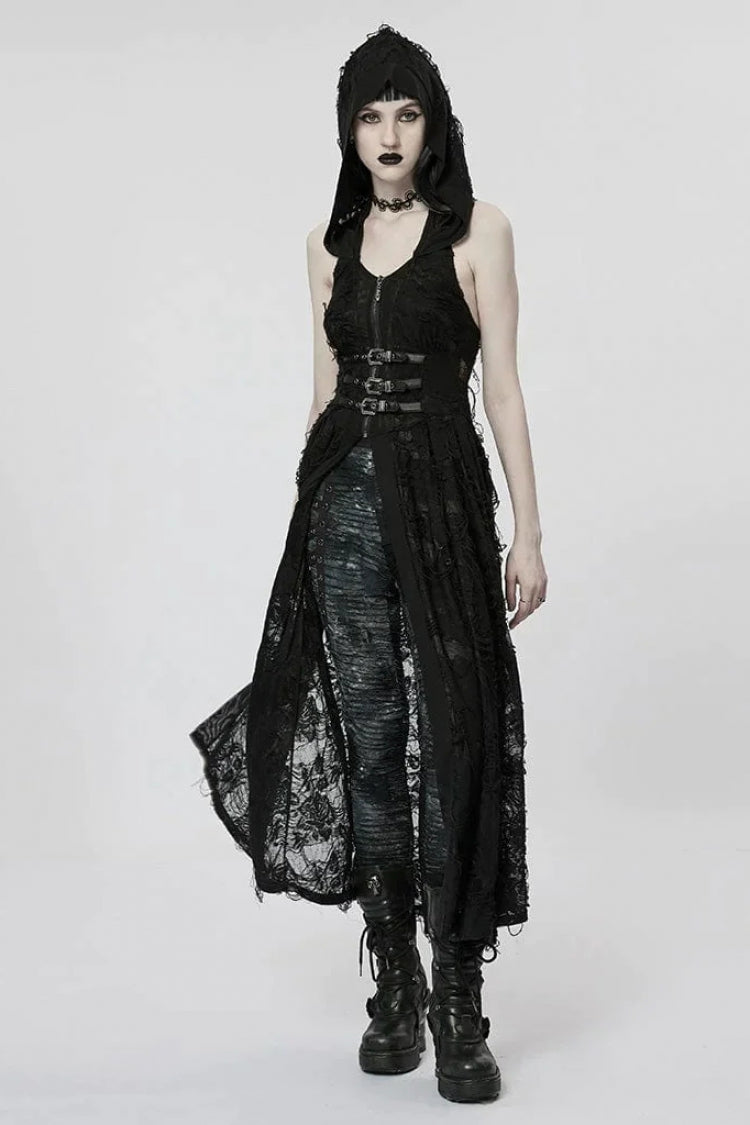 Black Two-piece Knit Ripped Hooded Womens Gothic Coat
