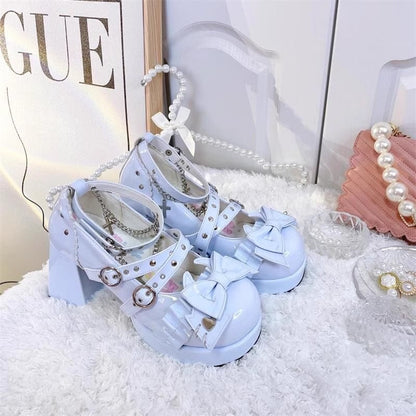 Gothic Cross Straps Bowknot Lolita High Heels 4 Colors