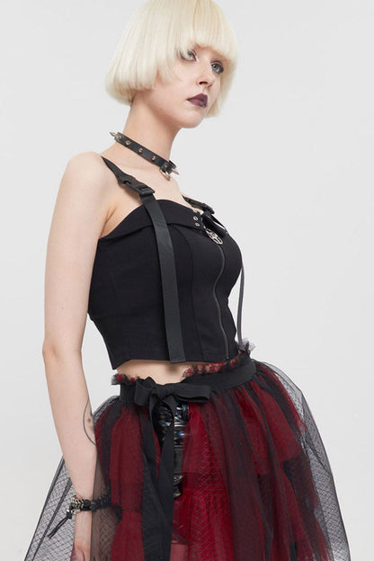 Black Punk Knitted Fabric Adjustable Suspenders Snaps Front Metal Zipper Women's Vest