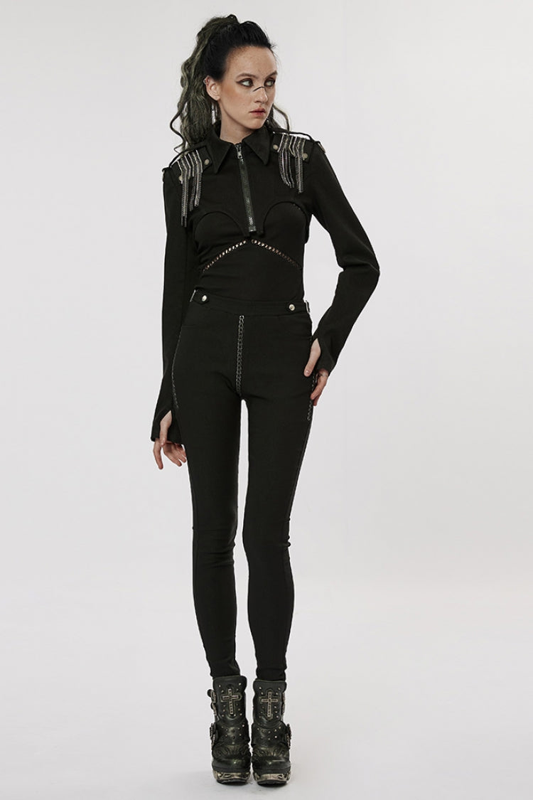 Black Slim Silver Chain Metal Rivets Women's Steampunk Military Leggings