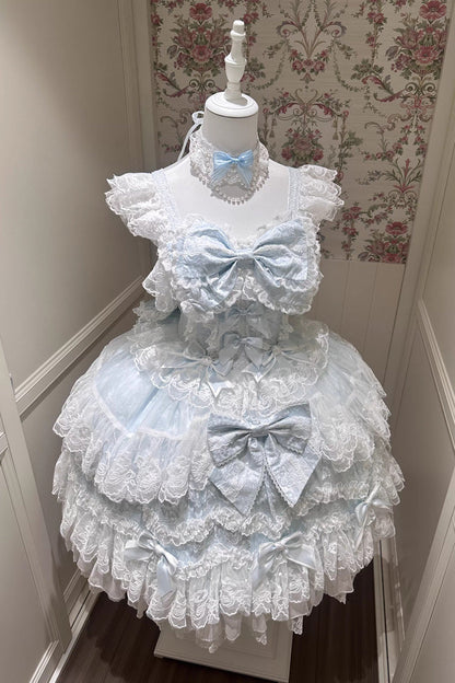 Blue [Sakura Dream Romance] Sleeveless Multi-Layered Ruffled Hanayome Bow Lace Sweet Princess Lolita Jsk Dress