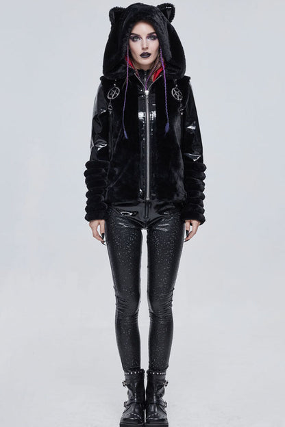 Black Punk Cuff Pleated Design Metal Five-Pointed Star Shape Belt Decoration Cat Ear Women's Coat