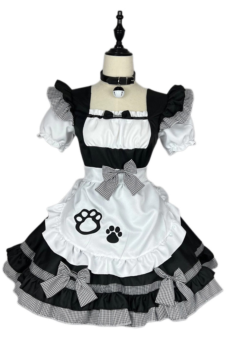 Black/White Plus Size Short Sleeves Cat Paw Print Sweet Lolita Maid Dress