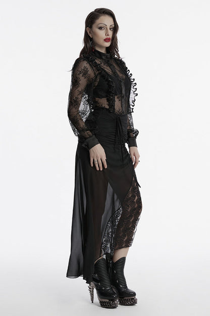 Black Stand Collar Long Puff Sleeves Hollow Embroidery Lace Women's Gothic Blouse