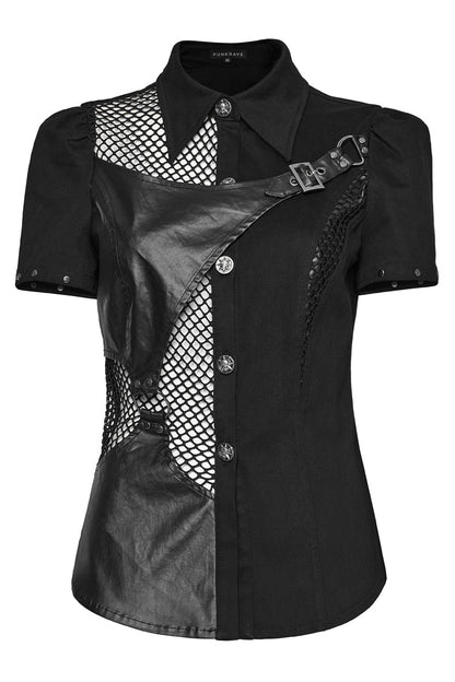 Black Twill Woven Short Sleeves Hollow Leather Stitching Womens Steampunk Blouse