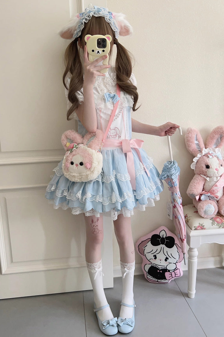 Blue Sleeveless Double-Layered Ruffle Rabbit Embroidery Bowknot Lace Sweet Lolita Jsk Dress