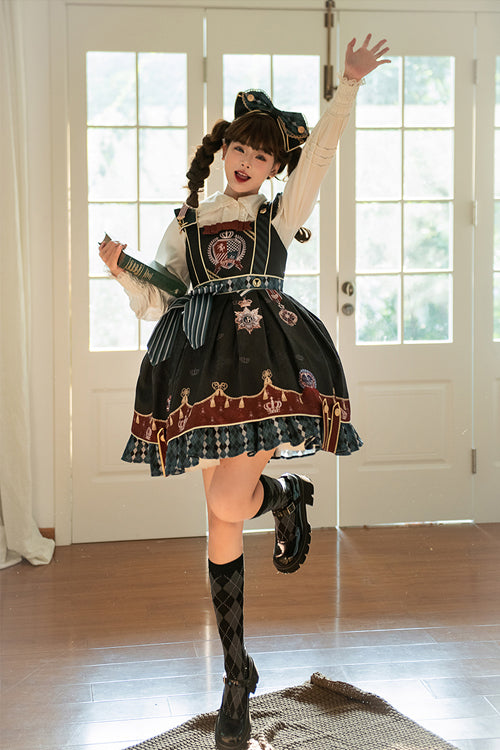 Black Vintage College Badge Print Sweet Lolita JSK Dress