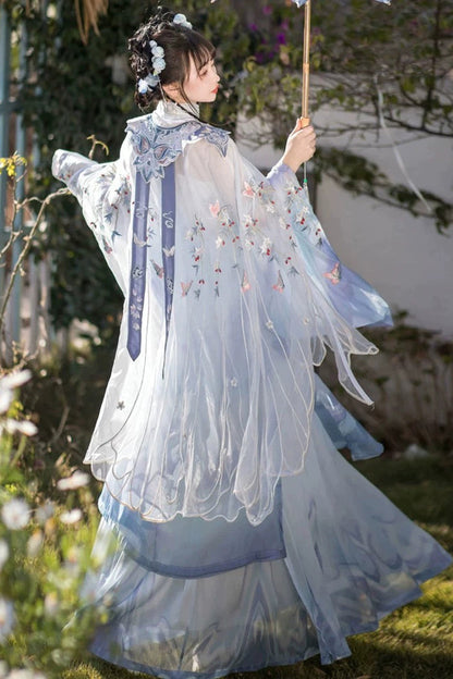 Blue Long Sleeves High Waisted Embroidery Women's Classic Chinese Style Hanfu Dress Full Set