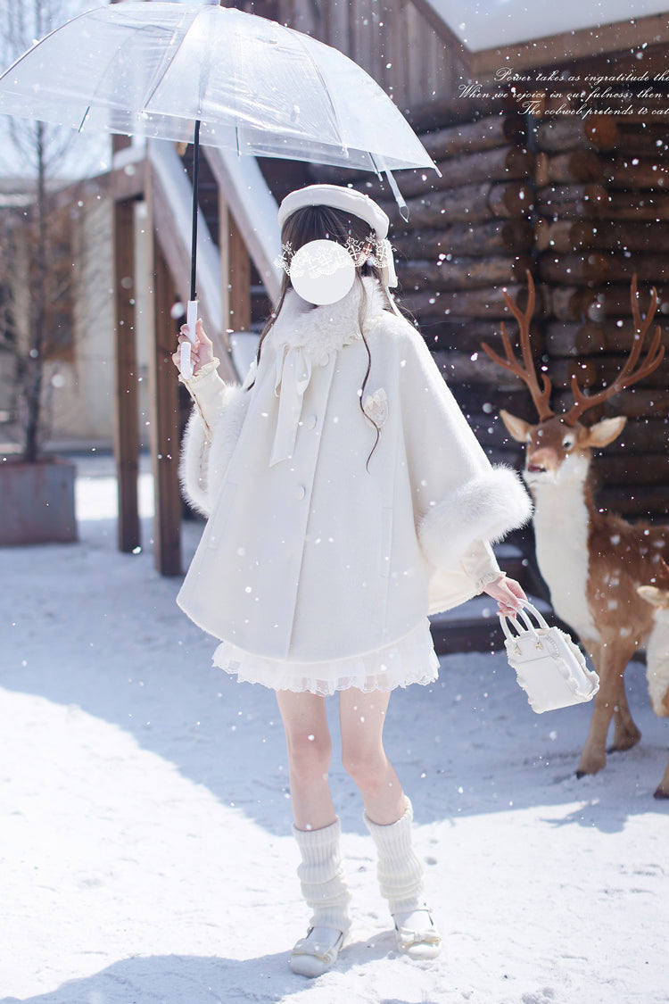 White Long Sleeves Lace Sweet Japanese Lolita Fluffy Cloak Coat