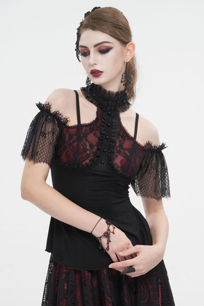 Black/Red Off Shoulder Lace Round Collar Splice Women's Gothic Shirt