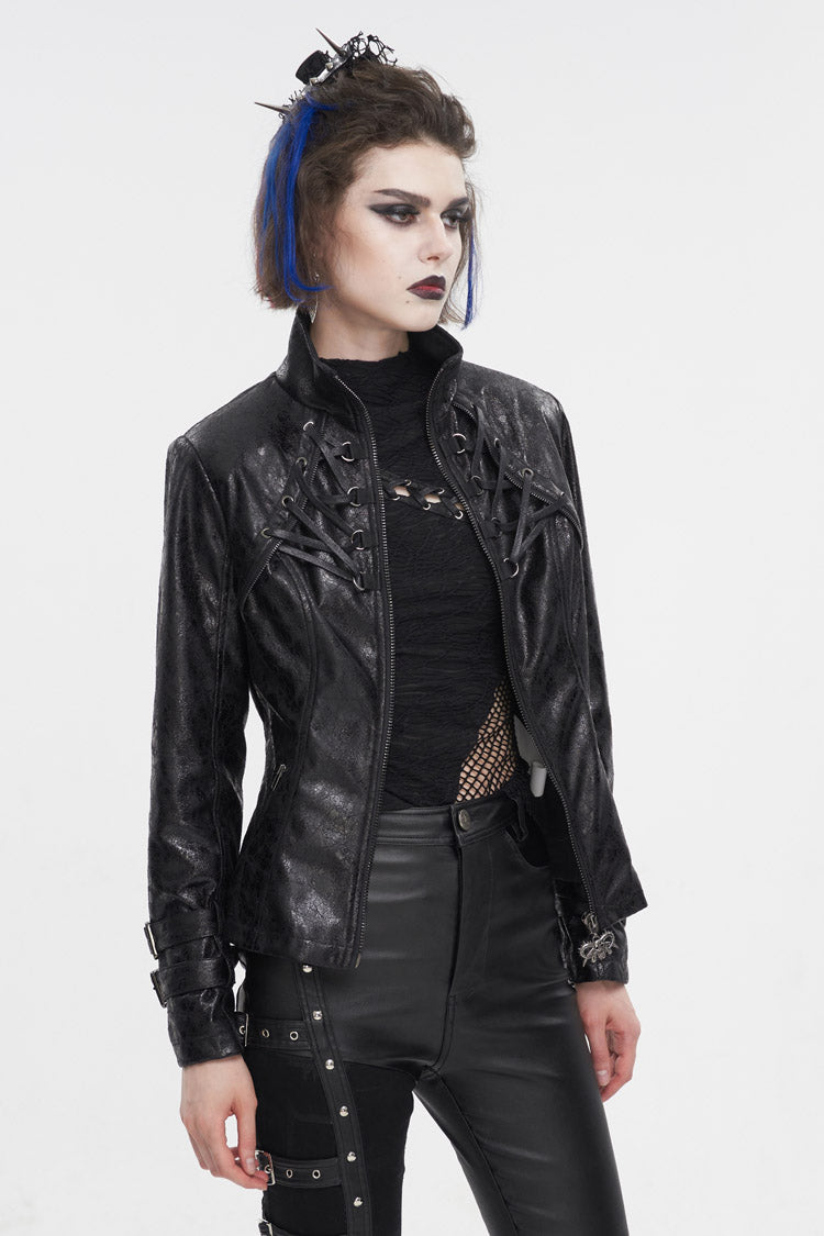 Black Stand Collar Crackled Buckle Women's Punk Jacket