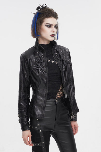 Black Stand Collar Crackled Buckle Women's Punk Jacket