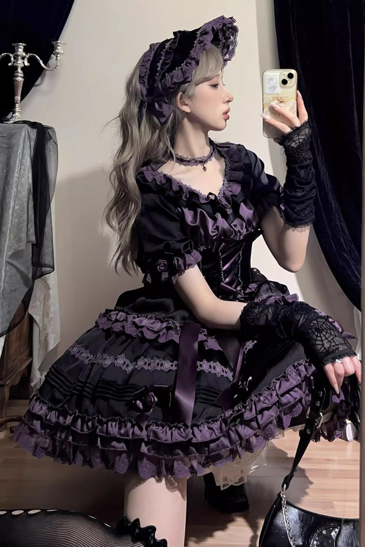 Black/Purple [Layered Blackcurrant] Short Sleeves Ruffle Bowknot Lace Sweet Lolita Dress