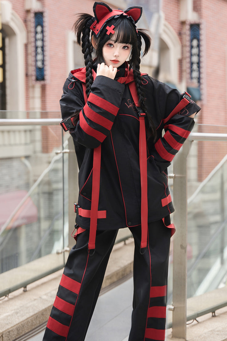 Black/Red Long Sleeves Print Cat Ears Hooded Jirai Kei Handsome Coat