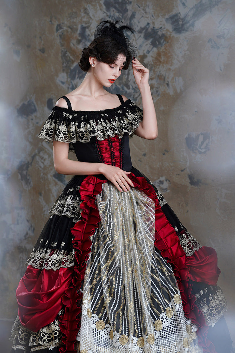 Black/Red Off Shoulder Short Sleeves Multi-Layered Ruffled Open-Front Mesh Gothic Vintage Palace Lolita Victorian Dress