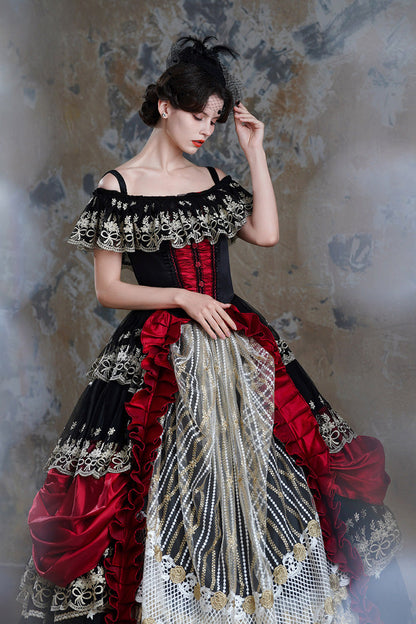 Black/Red Off Shoulder Short Sleeves Multi-Layered Ruffled Open-Front Mesh Gothic Vintage Palace Lolita Victorian Dress