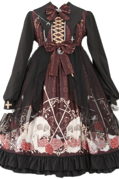 Black/Red Lapel Collar Long Sleeves High Waisted Printed Gothic Lolita OP Dress