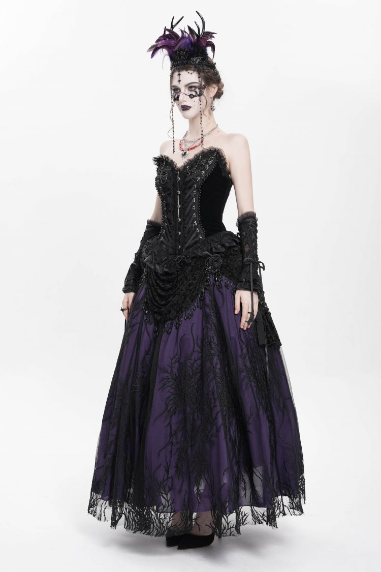 Black Sleeveless Beaded Lace Lace-Up Women's Gothic Overbust Corset