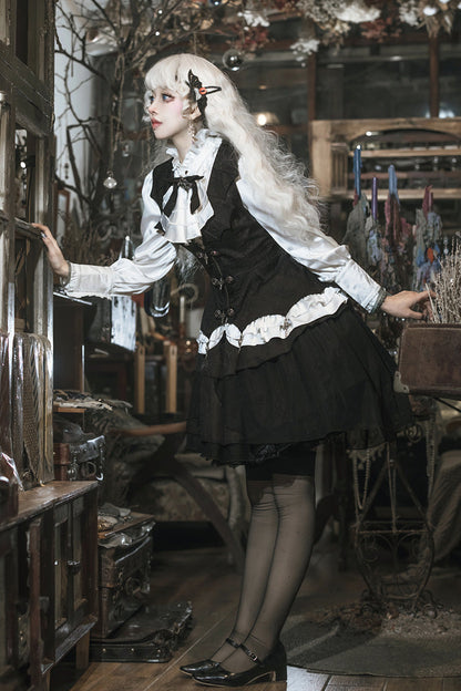 Black/White [The Duke of Blood] Multi-Layered Ruffle Bowknot Gothic Lolita Vest Skirt Set