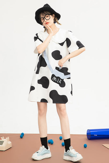 Black/White Doll Collar Short Sleeves Milk Cow Print Sweet Lolita Dress