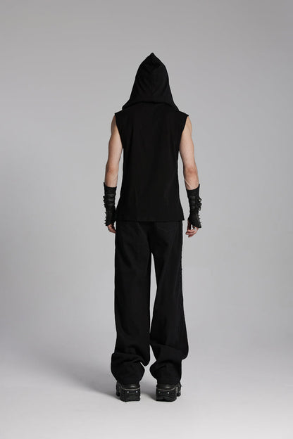 Black V Collar Sleeveless Hooded Mesh Eyelets Men's Punk Vest
