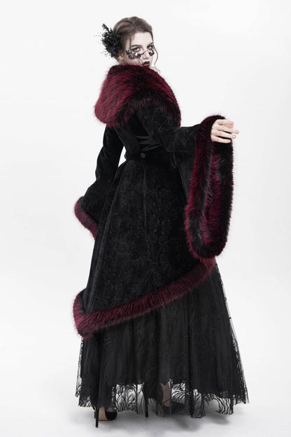Red Long Sleeves Floral Embroidery Women's Gothic Fluffy Coat