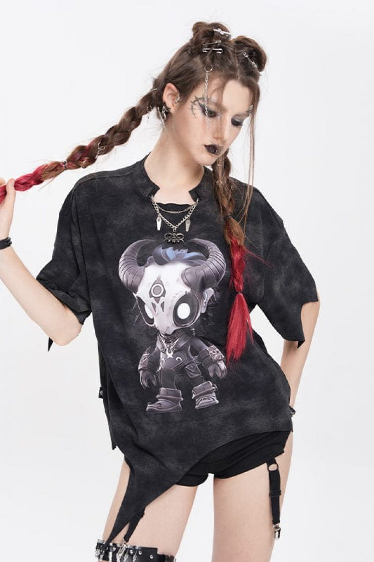 Black Short Sleeves Hitt Print Irregular Women's Punk T-Shirt