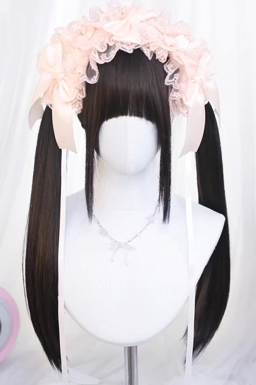 Deep Black Tea Brown Long Straight Twin Pigtails Daily Sweet Lolita Wig