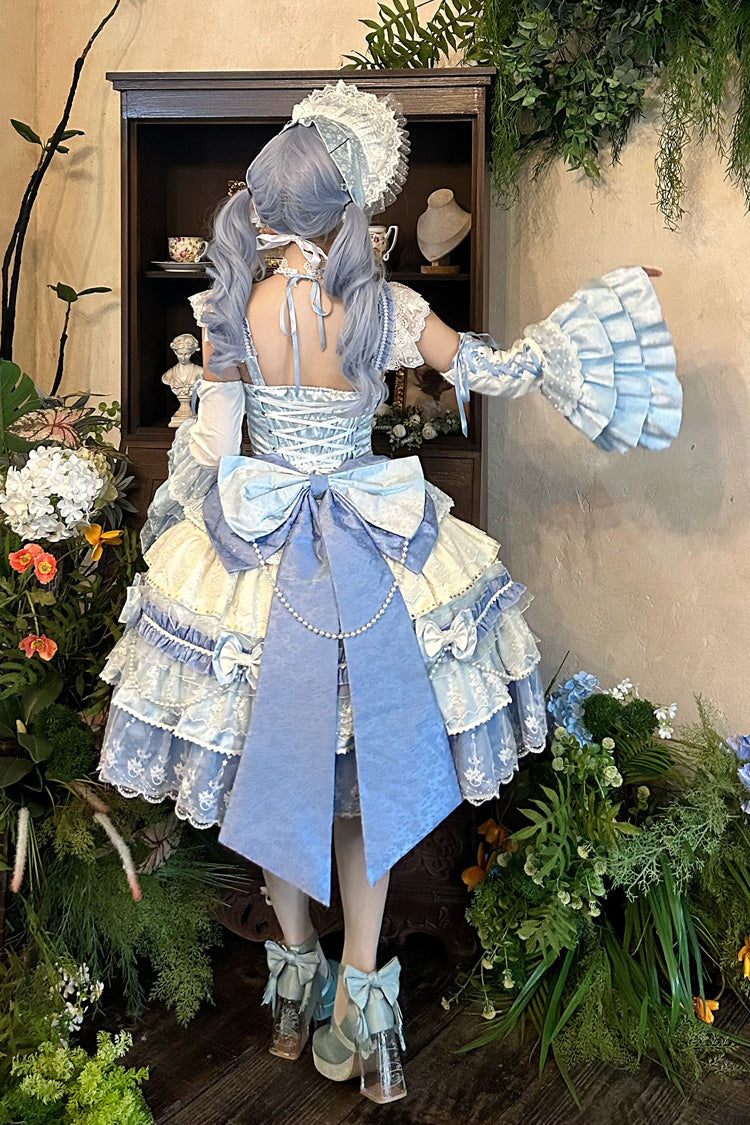 Blue [Falling Sakura] Multi-Layered Ruffled Hanayome Bow Lace Sweet Plus Size Princess Lolita Jsk Dress
