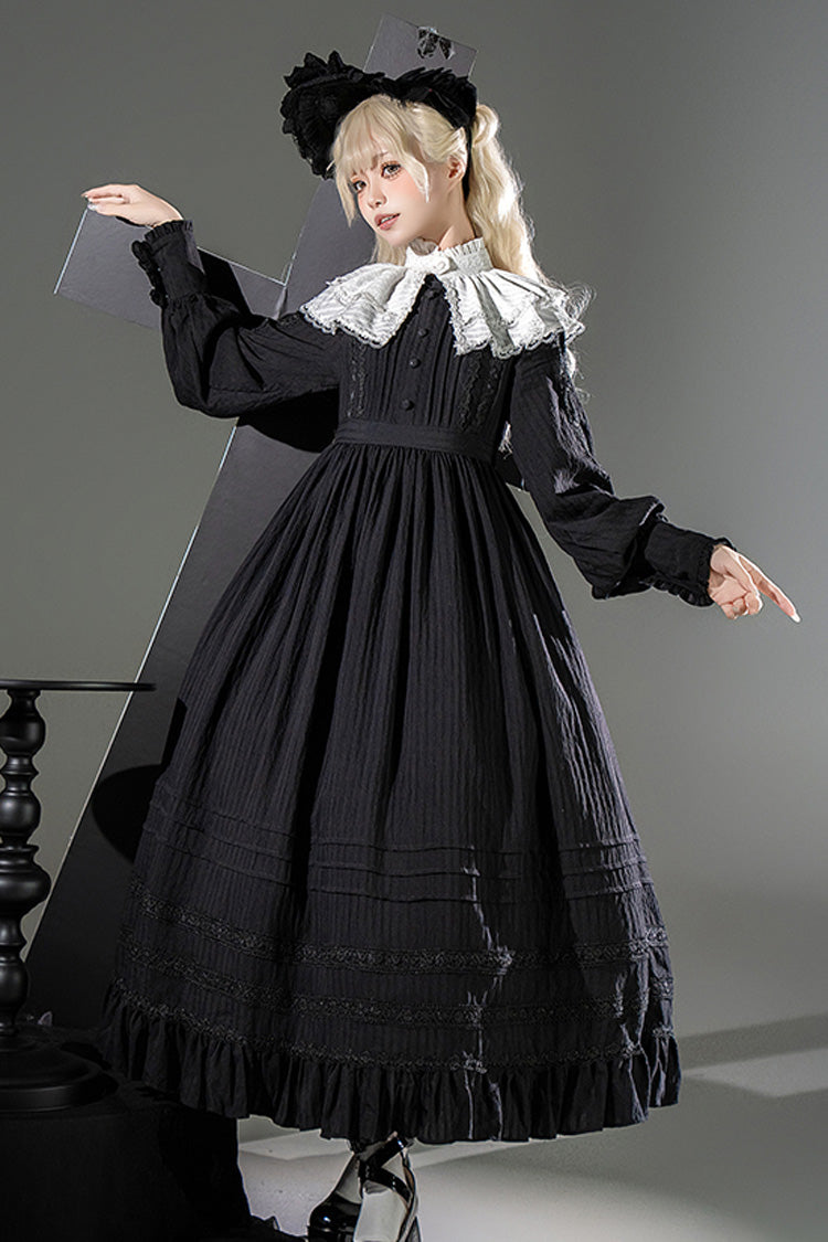 Black/White [Quiet Place] Long Sleeves Jacquard Ruffle Embroidery Bowknot Gothic Lolita Dress