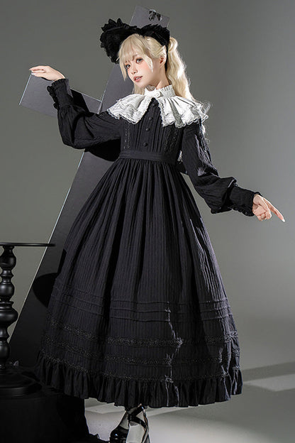 Black/White [Quiet Place] Long Sleeves Jacquard Ruffle Embroidery Bowknot Gothic Lolita Dress