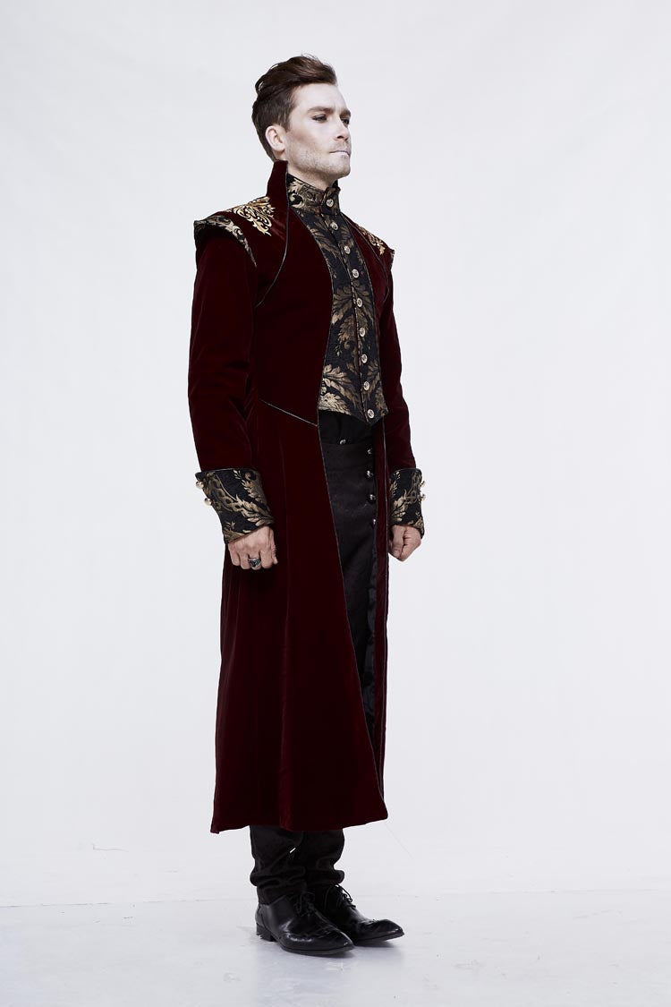 Black/Red Jacquard Gold Faded Buttons Fleece Long Men's Gothic Coat
