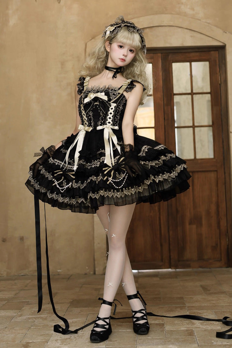 Black [Gilded Memories] Sleeveless Double-Layered Ruffle Hot Stamping Bowknot Lace Sweet Lolita Jsk Dress
