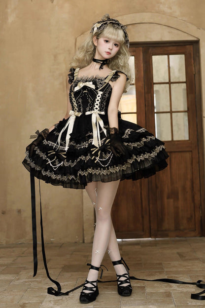 Black [Gilded Memories] Sleeveless Double-Layered Ruffle Hot Stamping Bowknot Lace Sweet Lolita Jsk Dress