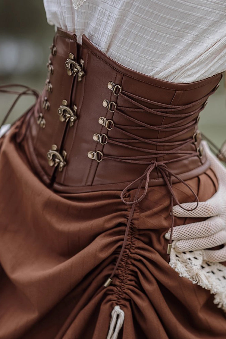 Brown Lace-Up Classic Vintage Leather Waist Lolita Belt with Metal Horn Buckle