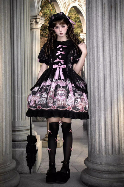 Black [The Case of the Missing Lamb] Print Long Sleeves Ruffle Bowknot Lace Gothic Lolita Dress