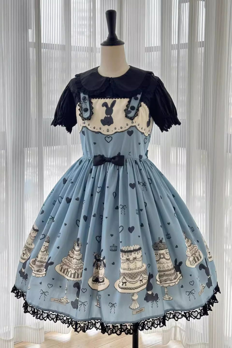 Blue Cake Bunny Print Bowknot Stitching Lace Sweet Lolita Jsk Dress