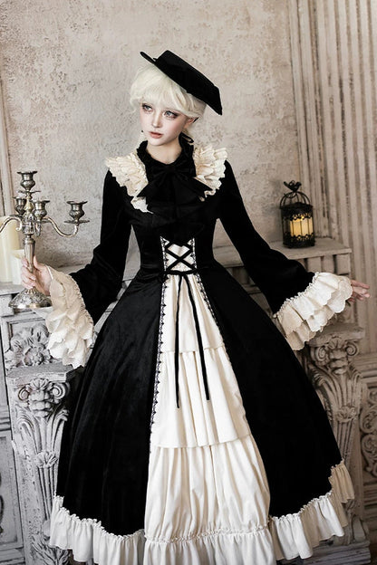 Black [Letters and Poems · Nutcracker Box] Long Sleeves Ruffled Open-Front Bow Lace-Up Gothic Lolita Dress