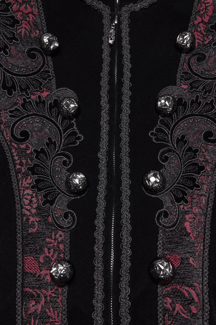 Black/Red Stand Collar Long Sleeves Floral Jacquard Bouble-breasted Zipper Men's Gothic Coat