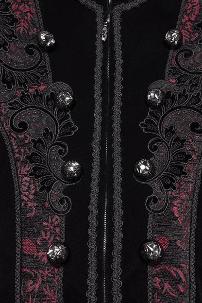 Black/Red Stand Collar Long Sleeves Floral Jacquard Bouble-breasted Zipper Men's Gothic Coat