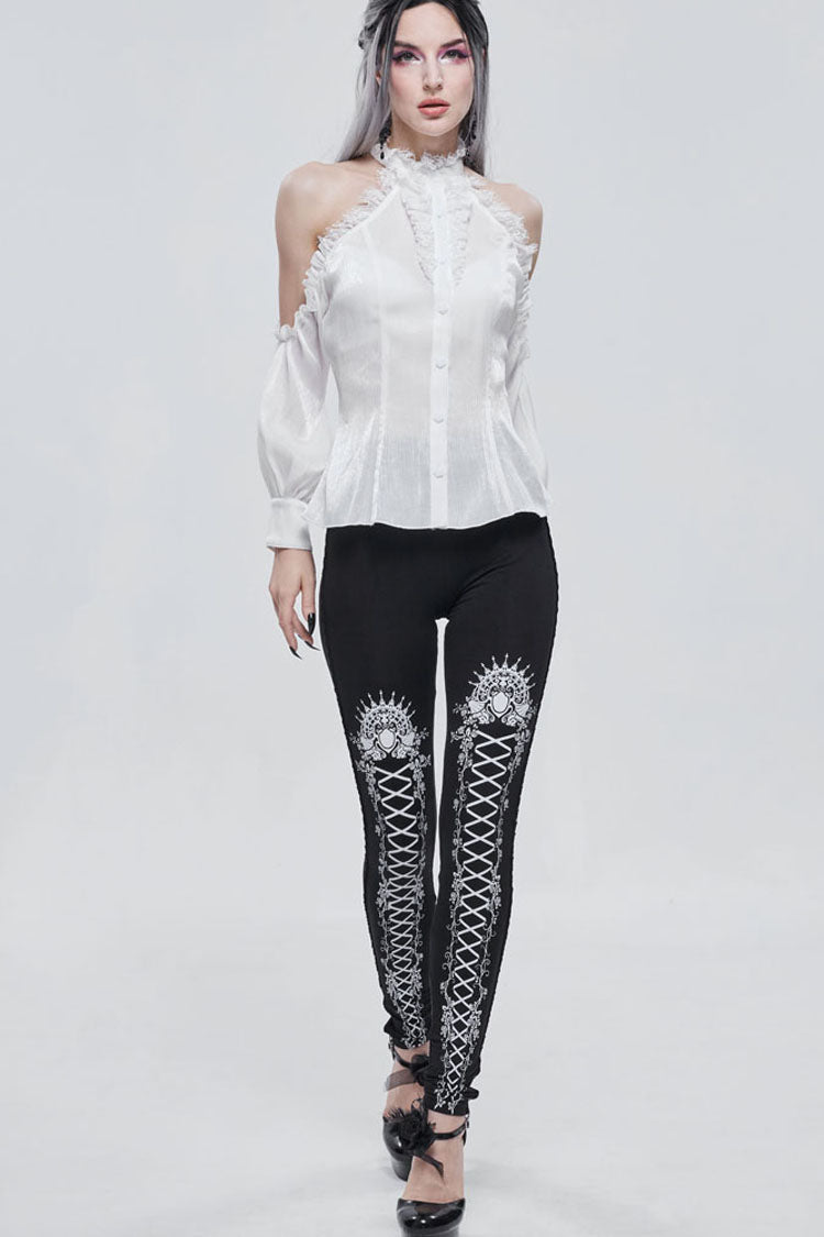 White Gothic Off-The-Shoulder Halter Lace Ruffled Lantern Sleeves Women's Shirt