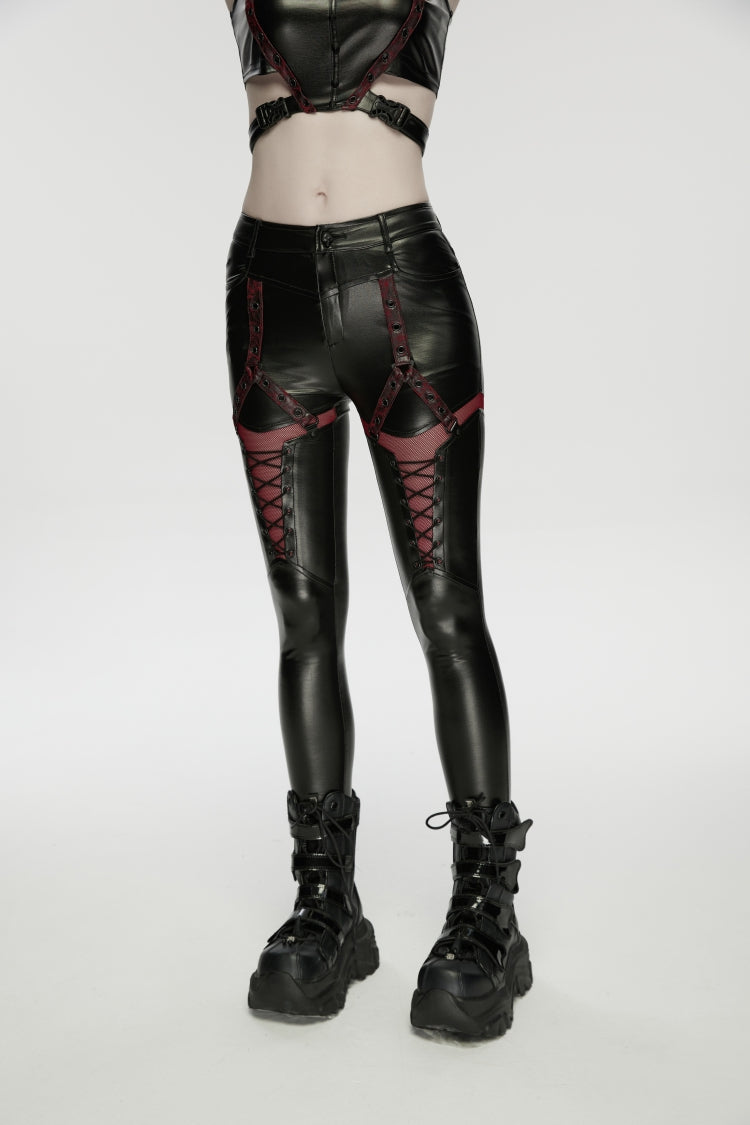 Black/Red Cut-Out Spliced Eyelet Mesh Women's Punk Leggings