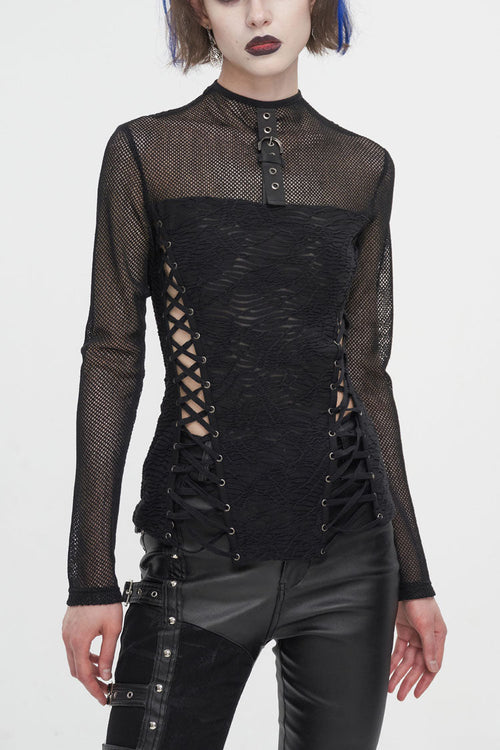 Black Strappy Mesh Splice Ruched Women's Punk Shirt