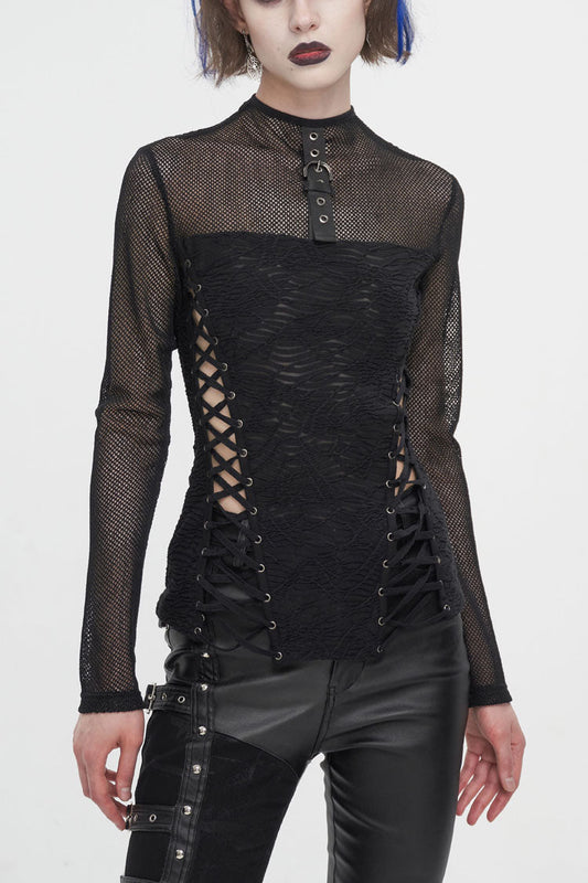 Black Strappy Mesh Splice Ruched Women's Punk Shirt