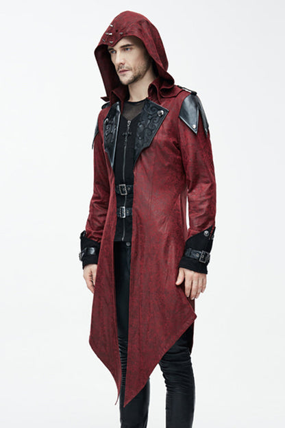 Punk Handsome Red Hooded Leather Long Mens Coats